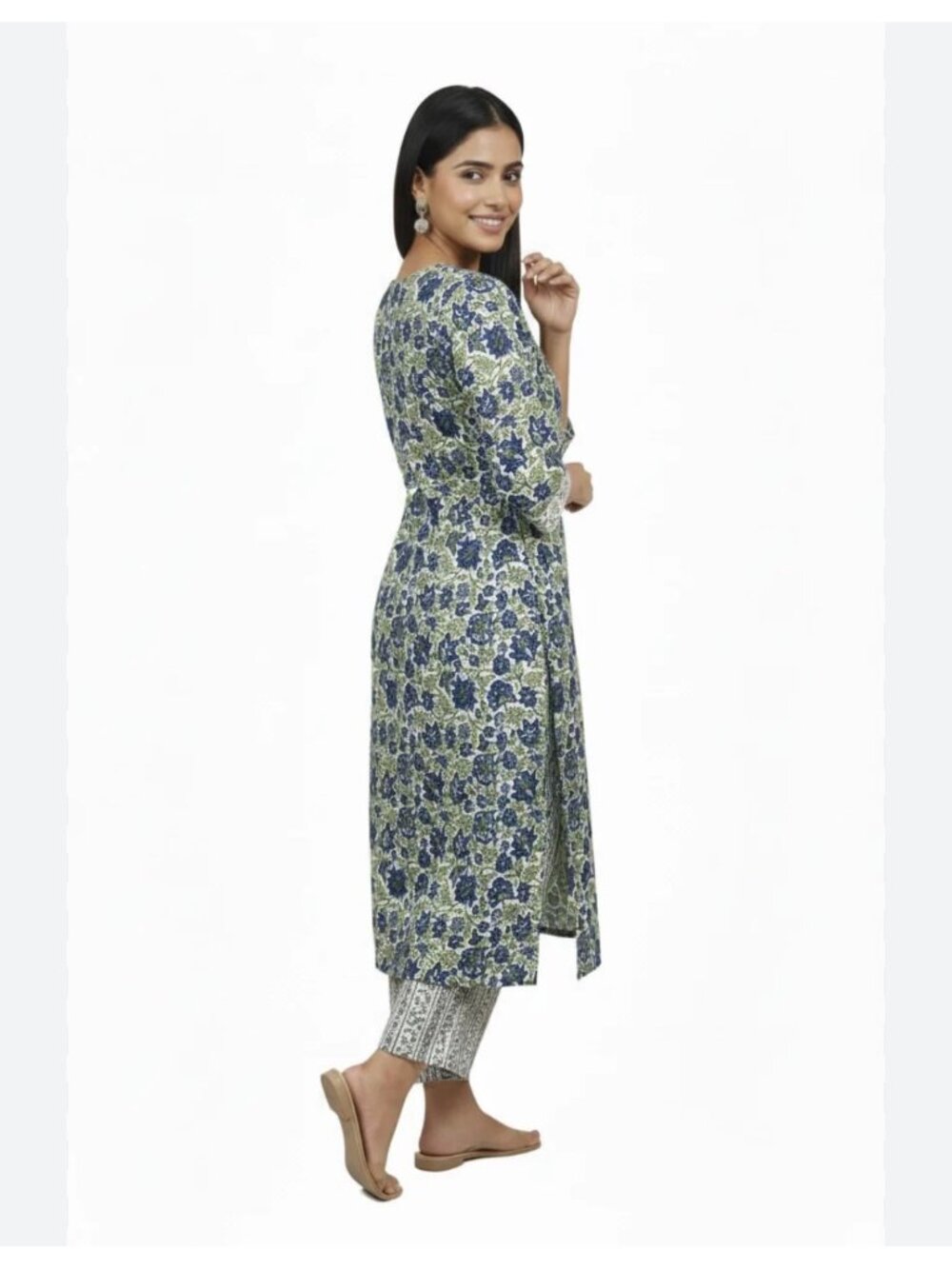 New Cotton 3 Piece Kurta Set sz M in Cream & Blue Floral